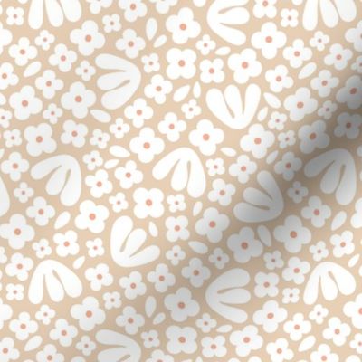 Modernist ditsy flower - summer blossom petals and leaves paper cut organic boho garden seventies orange beige sand tan white