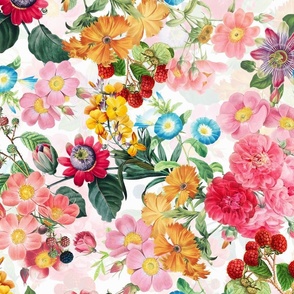 Nostalgic Beauty: Antique Tropical Flower and Rose Bouquets with Pierre-Joseph Redouté Roses, Passionflowers,Carnations, English Dog Rose, on a Berries Fabric Double Layer white for Vintage Home Decor