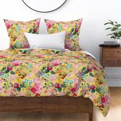 Nostalgic Beauty: Antique Tropical Flower and Rose Bouquets with Pierre-Joseph Redouté Roses, Passionflowers,Carnations, English Dog Rose, on a Berries Fabric Double Layer light yellow  for Vintage Home Decor