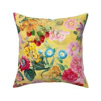 Nostalgic Beauty: Antique Tropical Flower and Rose Bouquets with Pierre-Joseph Redouté Roses, Passionflowers,Carnations, English Dog Rose, on a Berries Fabric Double Layer light yellow  for Vintage Home Decor