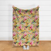 Nostalgic Beauty: Antique Tropical Flower and Rose Bouquets with Pierre-Joseph Redouté Roses, Passionflowers,Carnations, English Dog Rose, on a Berries Fabric Double Layer light yellow  for Vintage Home Decor