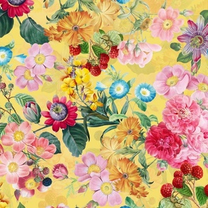 Nostalgic Beauty: Antique Tropical Flower and Rose Bouquets with Pierre-Joseph Redouté Roses, Passionflowers,Carnations, English Dog Rose, on a Berries Fabric Double Layer light yellow  for Vintage Home Decor