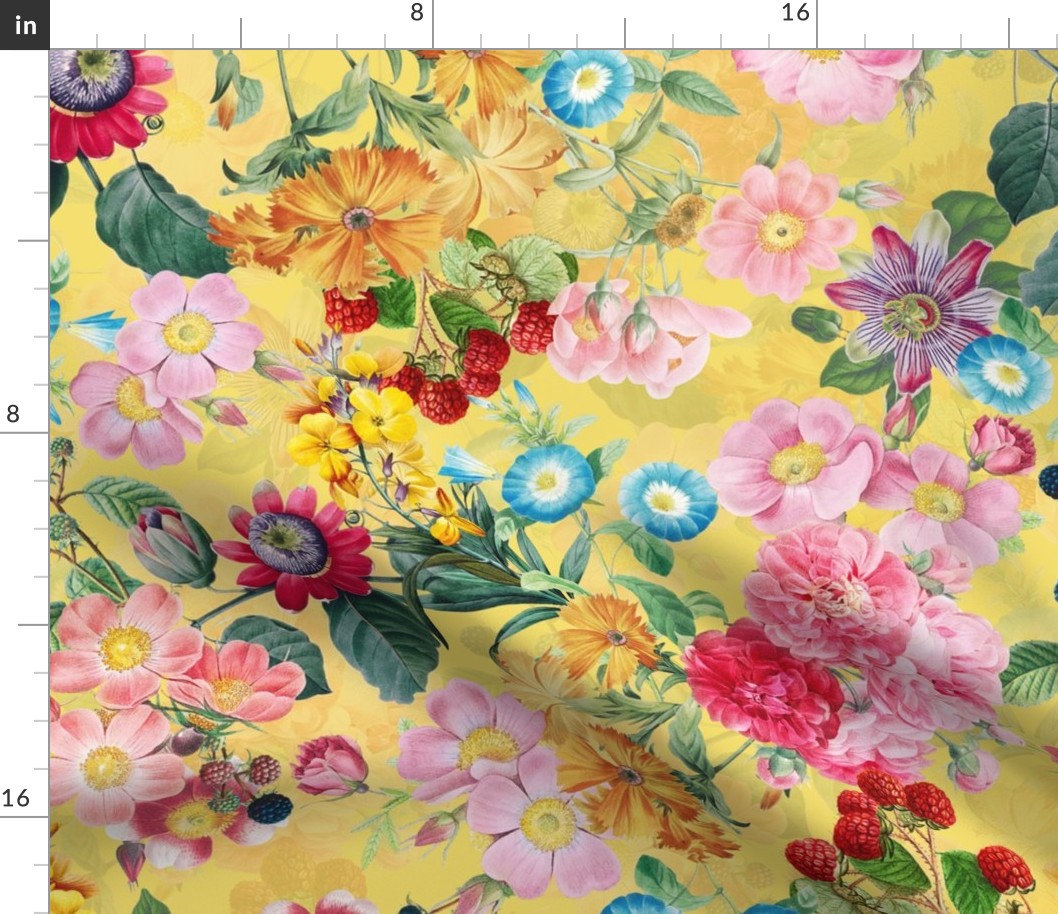 Nostalgic Beauty: Antique Tropical Flower and Rose Bouquets with Pierre-Joseph Redouté Roses, Passionflowers,Carnations, English Dog Rose, on a Berries Fabric Double Layer light yellow  for Vintage Home Decor