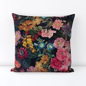 Nostalgic Beauty: Antique Tropical Flower and Rose Bouquets with Pierre-Joseph Redouté Roses, Passionflowers,Carnations, English Dog Rose, on a Berries Fabric Double Layer black for Vintage Home Decor