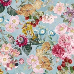 Nostalgic Beauty: Antique Tropical Flower and Rose Bouquets with Pierre-Joseph Redouté Roses, Passionflowers,Carnations, English Dog Rose, on a Berries Fabric Double Layer light blue for Vintage Home Decor