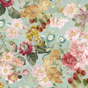 Nostalgic Beauty: Antique Tropical Flower and Rose Bouquets with Pierre-Joseph Redouté Roses, Passionflowers,Carnations, English Dog Rose, on a Berries Fabric Double Layer light green  for Vintage Home Decor