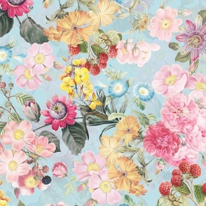 Nostalgic Beauty: Antique Tropical Flower and Rose Bouquets with Pierre-Joseph Redouté Roses, Passionflowers,Carnations, English Dog Rose, on a Berries Fabric Double Layer light baby blue for Vintage Home Decor