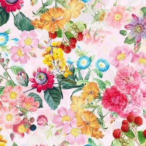 Nostalgic Beauty: Antique Tropical Flower and Rose Bouquets with Pierre-Joseph Redouté Roses, Passionflowers,Carnations, English Dog Rose, on a Berries Fabric Double Layer light blush for Vintage Home Decor