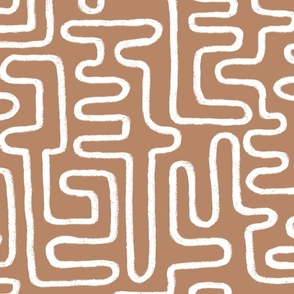 Boho Chic Hand-drawn White Line Art in Ethnic Tribal Design on Earthy Terracotta Orange Background in Modern Minimalistic Mid-Century Aesthetic for Upholstery, Wallpaper & Scandinavian Home Décor with Neutral Color Palette