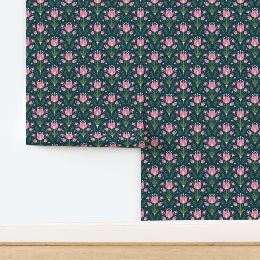 Pink Tulips on Prussian Blue bg - Meadow Wallpaper | Spoonflower