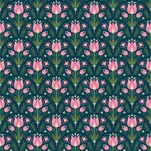 Pink Tulips on Prussian Blue bg - Meadow Flowers collection - Magical Meadow
