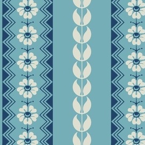 floral and geometric vertical blue stripes