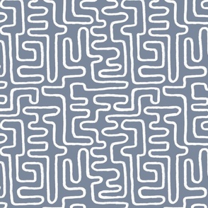 Small Scale | Boho Chic Hand-drawn White Line Art in Ethnic Tribal Design on Earthy Light Blue Background in Modern Minimalistic Mid-Century Aesthetic for Upholstery, Wallpaper & Scandinavian Home Décor with Neutral Color Palette