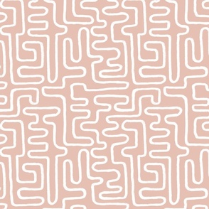 Small Scale | Boho Chic Hand-drawn White Line Art in Ethnic Tribal Design on Earthy Blush Pink Background in Modern Minimalistic Mid-Century Aesthetic for Upholstery, Wallpaper & Scandinavian Home Décor with Neutral Color Palette