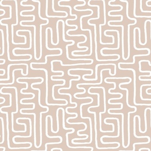 Small Scale | Boho Chic Hand-drawn White Line Art in Ethnic Tribal Design on Earthy Light Taupe Cream Background in Modern Minimalistic Mid-Century Aesthetic for Upholstery, Wallpaper & Scandinavian Home Décor with Neutral Color Palette