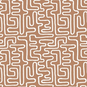 Small Scale | Boho Chic Hand-drawn White Line Art in Ethnic Tribal Design on Earthy Terracotta Orange Background in Modern Minimalistic Mid-Century Aesthetic for Upholstery, Wallpaper & Scandinavian Home Décor with Neutral Color Palette
