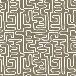 Small Scale | Boho Chic Hand-drawn White Line Art in Ethnic Tribal Design on Earthy Sage Green Background in Modern Minimalistic Mid-Century Aesthetic for Upholstery, Wallpaper & Scandinavian Home Décor with Neutral Color Palette