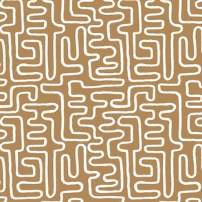 Small Scale | Boho Chic Hand-drawn White Line Art in Ethnic Tribal Design on Earthy Ochre Yellow Background in Modern Minimalistic Mid-Century Aesthetic for Upholstery, Wallpaper & Scandinavian Home Décor with Neutral Color Palette