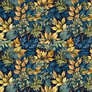 Golden yellow and blue leaves on black. (132)