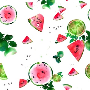 CreativeIngrid Watermelon and Limes tropical fruit watercolor pattern