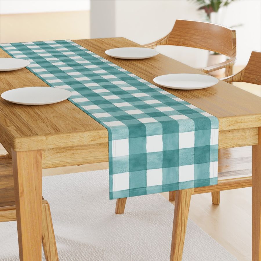 Teal Watercolor Gingham - Large Scale - Cyan Blue Green Cerulean Checkers Buffalo Plaid Checkers