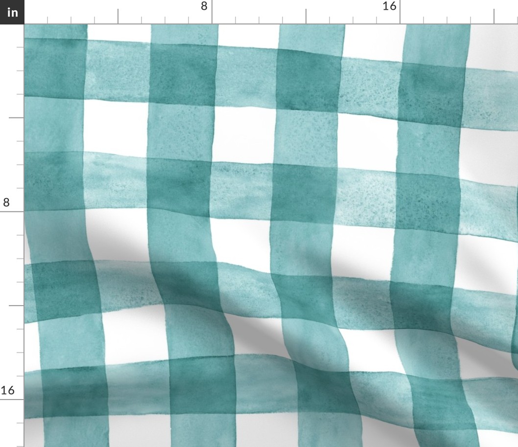 Teal Watercolor Gingham - Large Scale - Cyan Blue Green Cerulean Checkers Buffalo Plaid Checkers