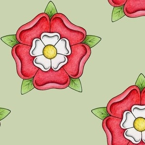 Tudor Rose ditsy pattern on sage green - large scale