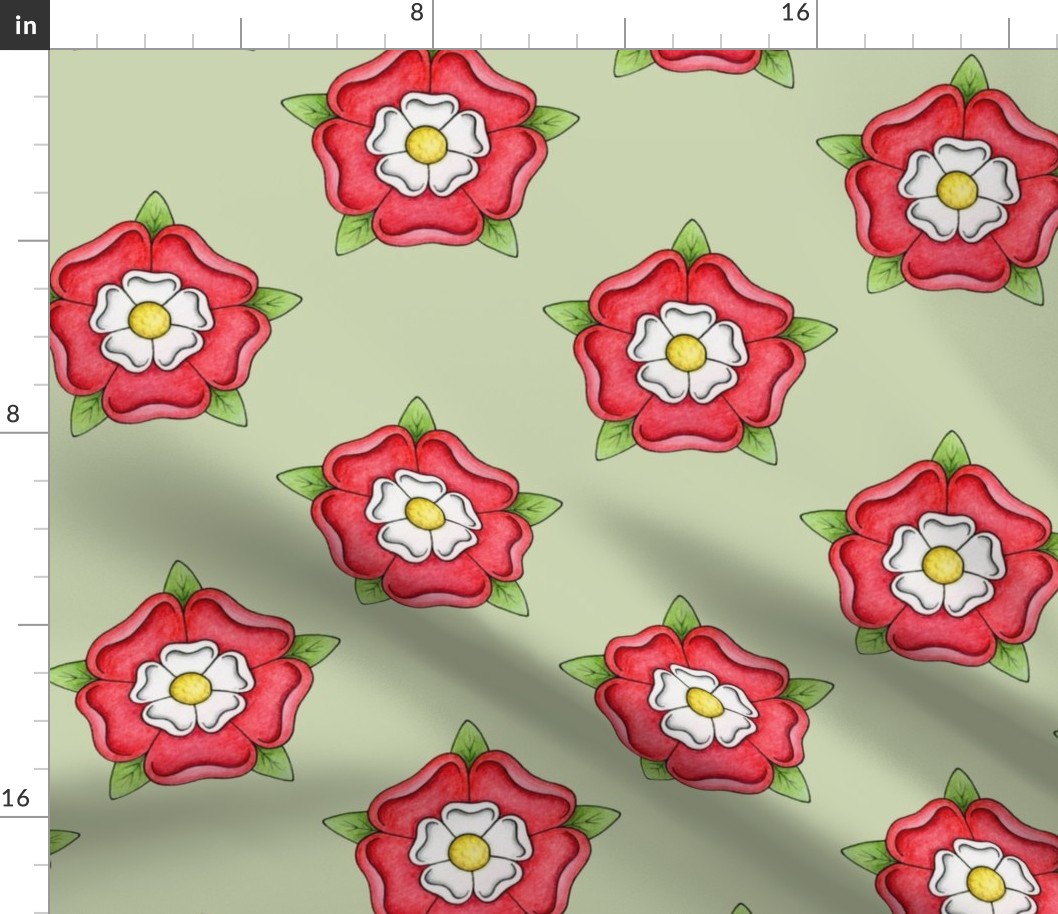 Tudor Rose ditsy pattern on sage green - large scale