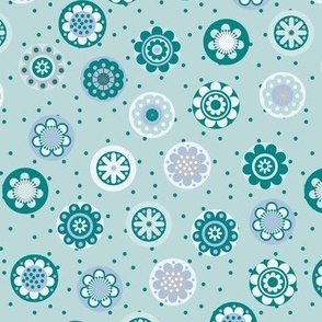 Scattered Multi Color Flowers in Medallions Pantone Ultra Steady Colors Polka Dot Ground