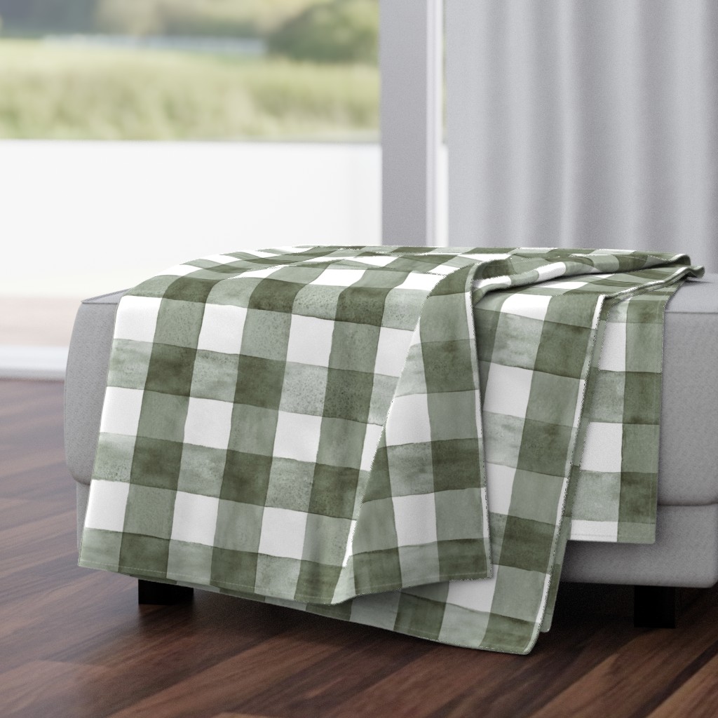 Ripe Olive Green Watercolor Gingham - Large Scale - Dark Artichoke or Forest Green Checkers Buffalo Plaid Checkers