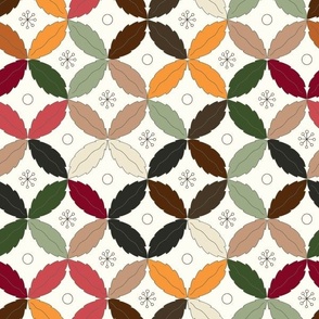 Christmas leaves in geometric repeating circles - green, laurel, pink, red, saffron yellow, mahogany brown, black on white background
