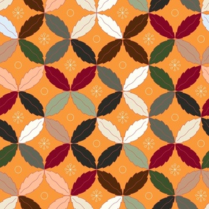 Christmas leaves in geometric repeating circles - green, smokey blue, white, red, peach fuzz, caramel taupe, black on saffron yellow background