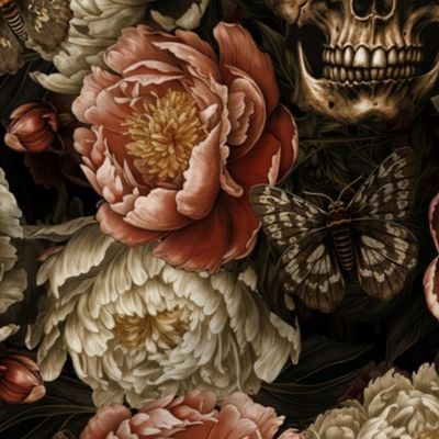  Antique Nightfall: A Vintage Floral Goth halloween aesthetic wallpaper Pattern with Skulls and Mystical Peonies Flowers on Sepia Black 