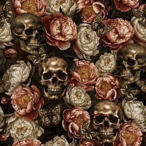  Antique Nightfall: A Vintage Floral Goth halloween aesthetic wallpaper Pattern with Skulls and Mystical Peonies Flowers on Sepia Black 