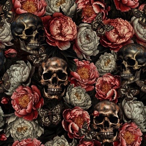  Antique Nightfall: A Vintage Floral Goth halloween aesthetic wallpaper Pattern with Skulls and Mystical Peonies Flowers on Black 