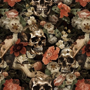 Antique Nightfall: A Vintage Baroque Floral Goth halloween aesthetic wallpaper Pattern with Skulls and Mystical Flesmish Peonies Flowers on Black sepia