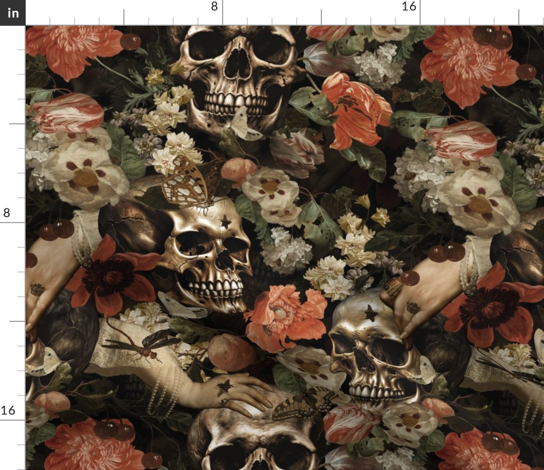 Antique Nightfall: A Vintage Baroque Floral Goth halloween aesthetic wallpaper Pattern with Skulls and Mystical Flesmish Peonies Flowers on Black sepia