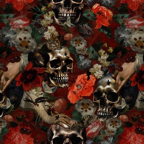 Antique Nightfall: A Vintage Baroque Goth Floral halloween aesthetic wallpaper Pattern with Skulls and Mystical Flesmish Peonies Flowers on dark red