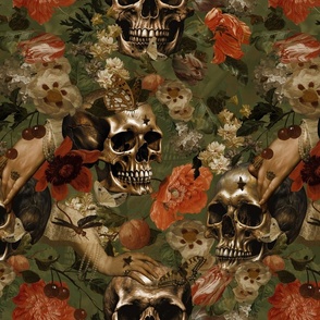 Antique Nightfall: A Vintage Baroque Goth Floral halloween aesthetic wallpaper Pattern with Skulls and Mystical Flesmish Peonies Flowers on sepia green