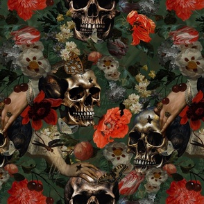 Antique Nightfall: A Vintage Baroque  goth Floral halloween aesthetic wallpaper Pattern with Skulls and Mystical Flesmish Peonies Flowers- dark green