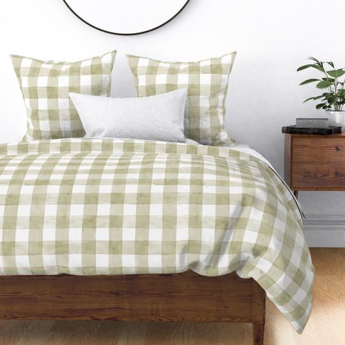 Warm Olive Beige Watercolor Gingham - Large Scale - Soft Sage Nursery Baby Girl Checkers Buffalo Plaid Checkers