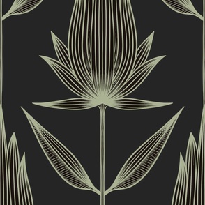 Doodle Flower - JUMBO - light sage green, raisin black - Extra Large Dark Moody Wallpaper