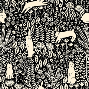 Rabbit Meadow - Black and White Monochrome - Floral Botanical Pattern with Cute Bunny Rabbits 