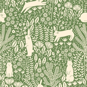Rabbit Meadow - Green and White -  Floral Botanical Pattern with Bunny Rabbits