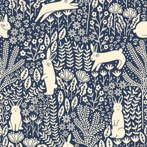 Rabbit Meadow - Navy and White - Floral Botanical Pattern with Bunny Rabbits 
