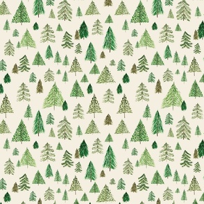 Watercolor Pine Tree Forest on Off White Background