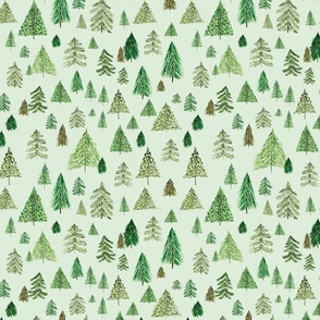Watercolor Pine Tree Forest on Wintergreen Background