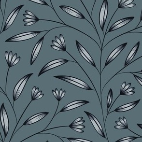 Black Line Flowers and Leaves | French Gray, Marble Blue | Floral