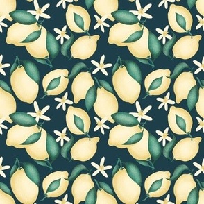 Lemons with leaves and flowers  - Deep Blue background