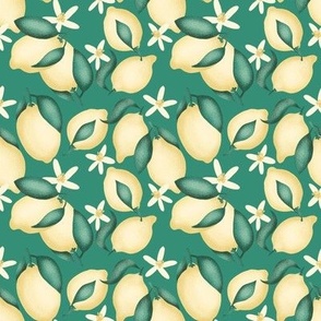 Lemons with leaves and flowers  - Deep Green background